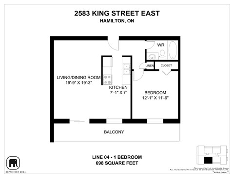 A floor plan for a one bedroom apartment at 2583 King Street East in Hamilton, Ontario.